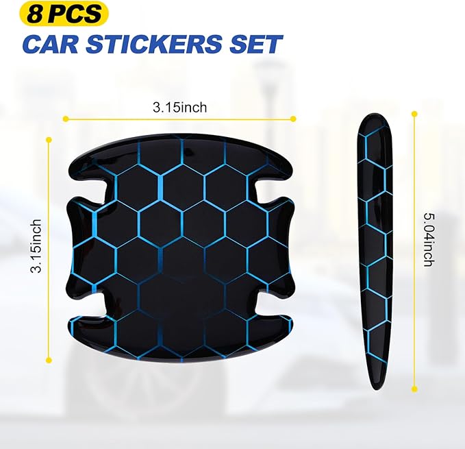 8 Pcs Car Door Handle Sticker, 3D Honeycomb Pattern Car Door Cup Protector, Universal Anti Scratches Auto Doors Handle Protective Film (Black Blue)