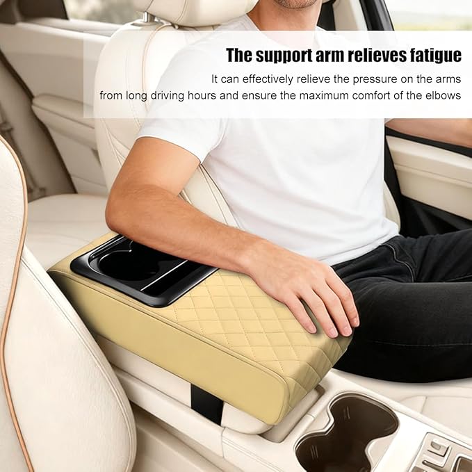 Car Center Console Armrest Pillow, Leather Vehicle Middle Console Protection Cushion with Cup & Phone Holder, Waterproof Automotive Arm Rest Box Cover, Universal Fit (Beige Rhombus)