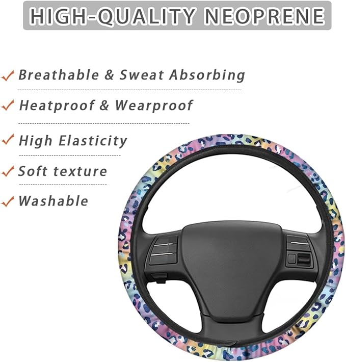 Universal Non-Slip Steering Wheel Cover, 15-inch Polyester Material Driving Accessories, Adjustable for Car and Truck(Dreamy Color Leopard)