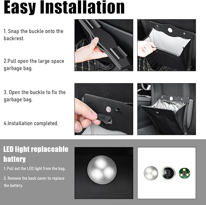 Hanging Car Trash Bag, Foldable Magnetic Garbage Can with Smart LED for Front Back Seat, Multi-Functional Waterproof Leather Rubbish Bag Storage Pocket, Car Accessories (Red)
