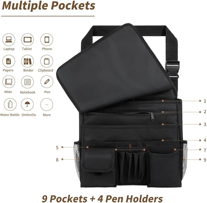 FORCTIBULL Car Front Seat Organizer for Paperwork File Laptop Mobile Office, Multi Compartment Storage Bag with Cup holder and Adjustable Strap for Car Work Truck Van