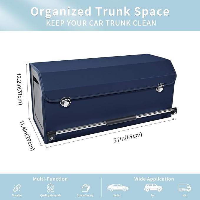 XCF Car Trunk Organizer, Collapsible Car Storage Organizer with Lid and Push-pull Handle Leather Trunk Organizer for Suv, Truck, Minivan (Blue, 27.17 x 11.42 x 12.2in)