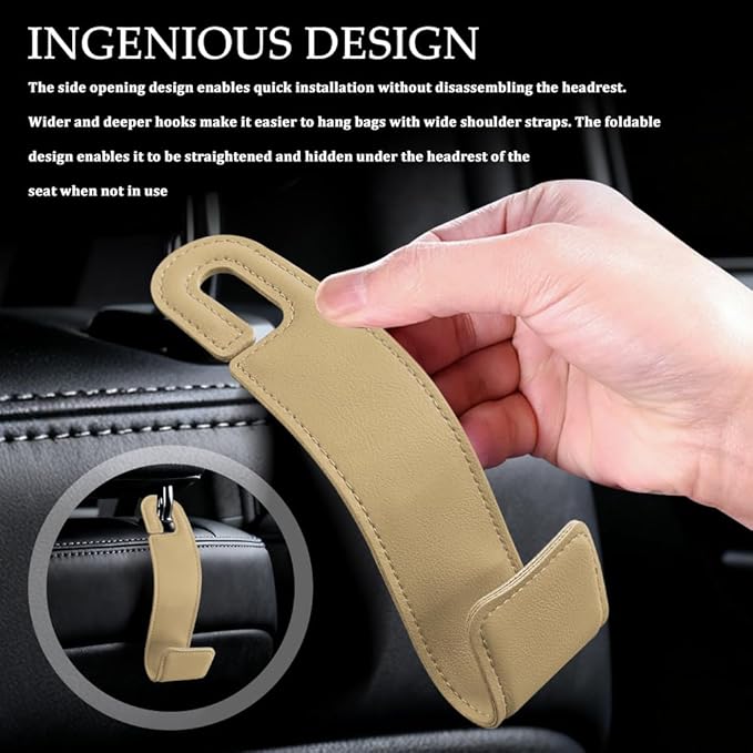 2PCS Purse Holder for Car, Purse Hook for Car, Leather Headrest Hooks for Automotive Back Seat, Auto Accessories Back Seat Organizer Hook for Grocery Bag Handbag Coat (Beige, 2PCS)