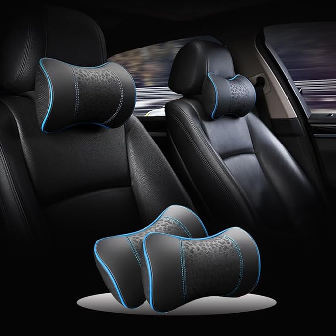 HAOTULE Car Leather Neck Pillows, Neck Rest Cushions,100% Memory Foam Cervical Support, Comfortable Travel car Seats and Home Office Soft Pillows, Blue a Set (2 pcs