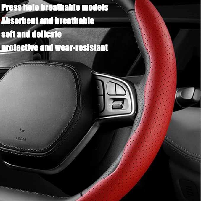 LoyaForba Car Steering Wheel Cover, Universal 15 Inch Leather Segmented Auto Steering Wheel Protector, Anti-Slip and Soft Breathable, Car Interior Accessories for Most Vehicle, SUV, Truck (Red)