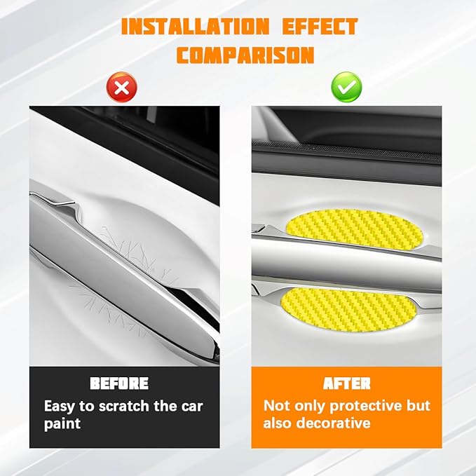 Car Door Handle Cup Protector, 4PCS Carbon Fiber Anti-Scratch Vehicle Door Handle Bowl Sticker, Self-Adhesive Automotive Paint Protective Film, Universal for SUV RV Truck (Yellow)