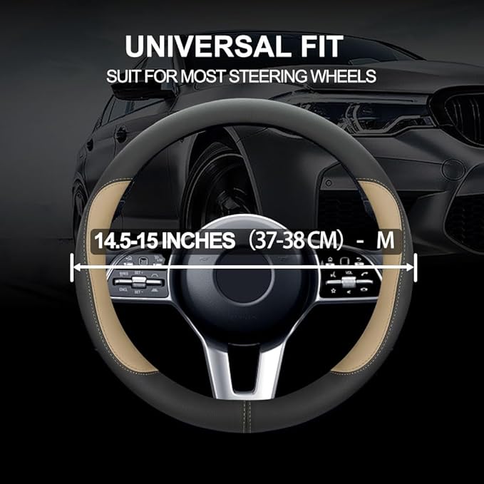 Car Steering Wheel Cover,Microfiber Leather Steering Wheel Cover Universal 14.5-15 inch, Anti-Slip Breathable Auto Wheel Cover Protector for Men Women (Black&Beige)