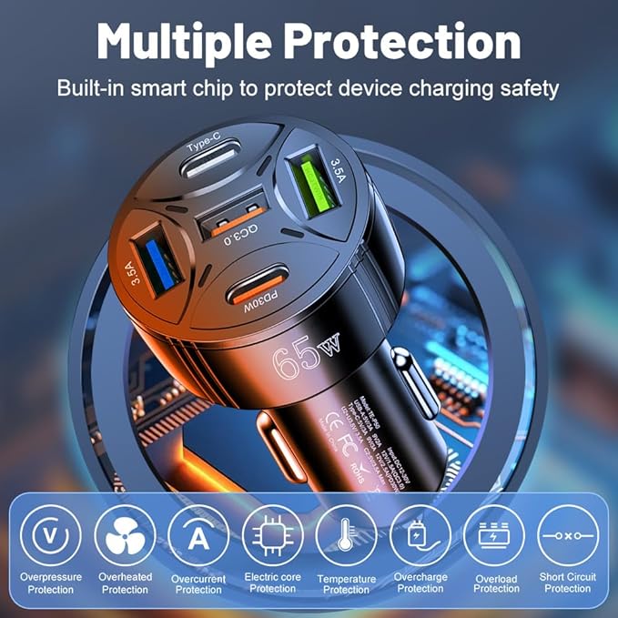 USB C Car Phone Charger Adapter 5 in 1 Multi Port PD30W &QC3.0 Super Fast Charging, 65W Cigarette Lighter USB Charger for iPhone/Android/Samsung/iPad Pro and More (White)