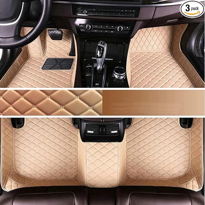 KaiLaiCarCustom Automotive Car Floor Mats for 99.99% Sedan SUV Sports Car Men Women Protection Full Coverage Pads Anti-Slip Leather Floor Lining… (Beige Mat Beige Line)