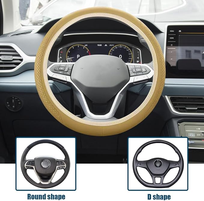 Car Steering Wheel Cover, Universal 14.5-15 Inch Beige Leather Steering Wheel Wrap with Better Sport Grip for Men Women, Anti-Slip Breathable Car Interior Accessories for Most Vehicles (Beige)