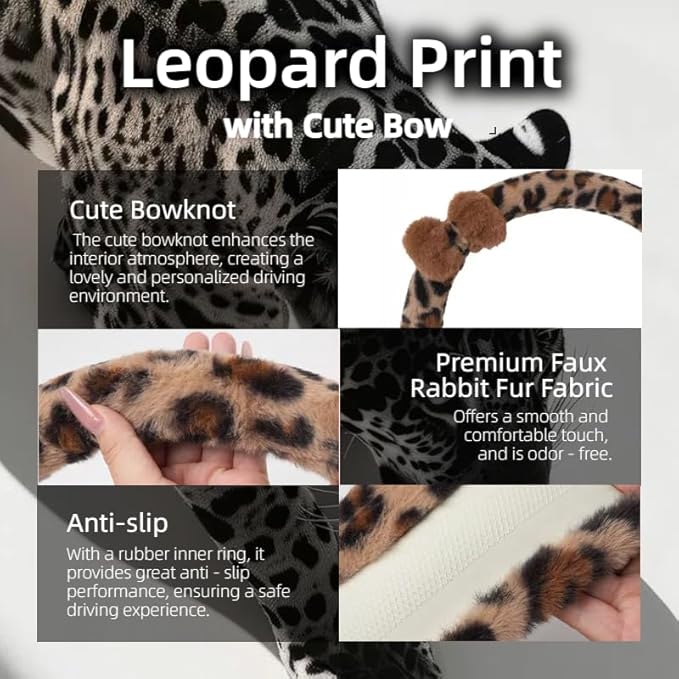 Car Steering Wheel Cover with Leopard Print & Cute Bowknot Soft Anti-Slip Y2K Retro Luxury Fluffy Fur Car Interior Accessory (Leopard Set 3)