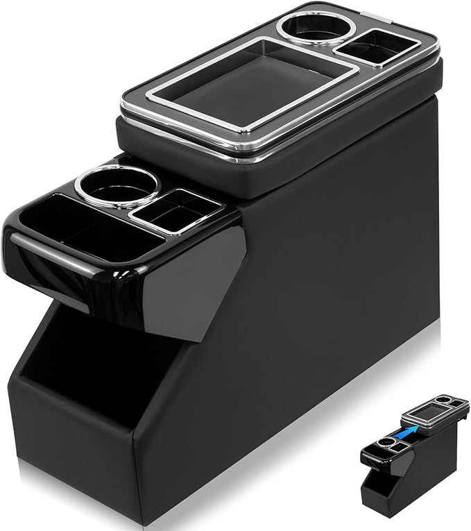 QKVCX Center Console Between Seat Organizer for Minivans, SUVs, with Key Holder & Cup Holders ,phone storage for Minivan &SUVs, Middle Van Floor Console Organizer Storage Box- Black