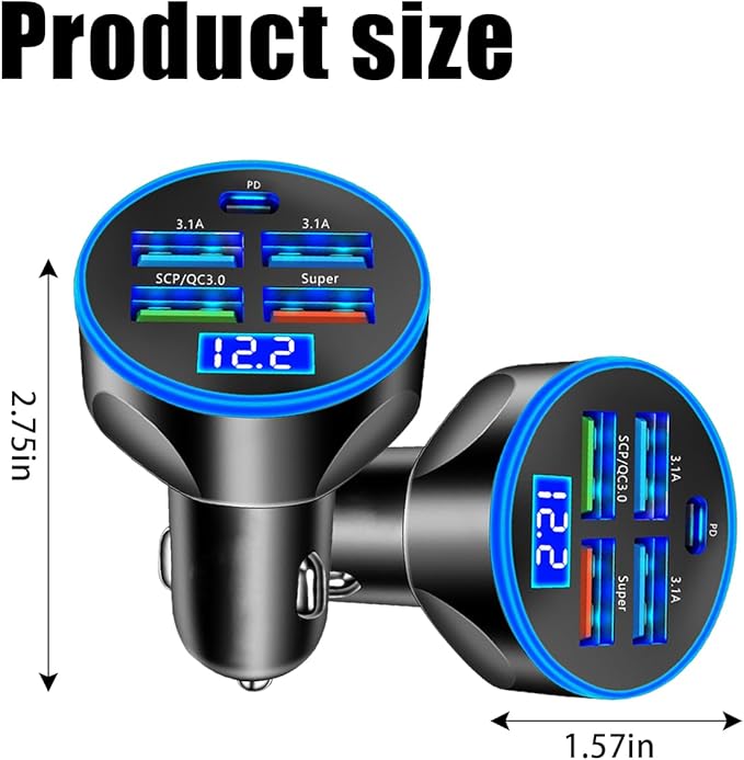 5 Port USB Car Charger, 250W Super Fast Charging Cigarette Lighter Adapter with LED Voltage Monitor, 4USB+Type C Multi Port Car Accessories Interior Compatible with Most Smart Phone (Black)