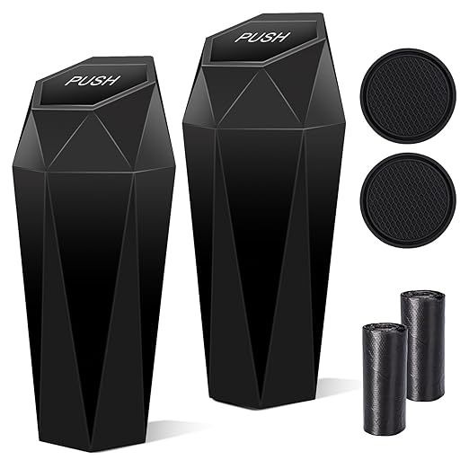Car Trash Can with Lid, 2 Packs Diamond Design Mini Cup Holder Trash Can for Car, Office, Home Use, Black