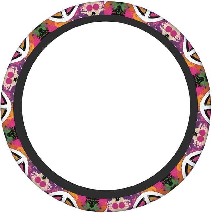 Colorful Art Peace Sign Neoprene Steering Wheel Covers Women Men Car Accessories, Universal 15 Inch Fit Auto, Suvs, Truck