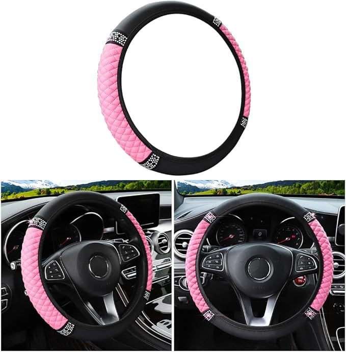 Bling Soft Leather Steering Wheel Cover, 15 Inch Colorful Rhinestones Auto Elastic Steering Wheel Protector, Sparkly Crystal Diamond for Women Girls, Car Accessories for Most Cars (Pink)