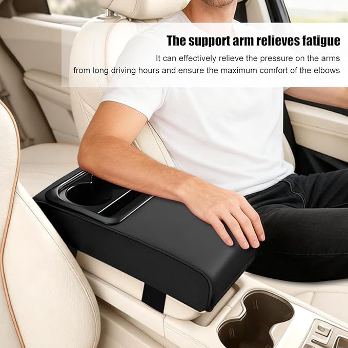 Car Center Console Armrest Pillow, Leather Vehicle Middle Console Protection Cushion with Cup & Phone Holder, Waterproof Automotive Arm Rest Box Cover Accessories, Universal Fit (Black)