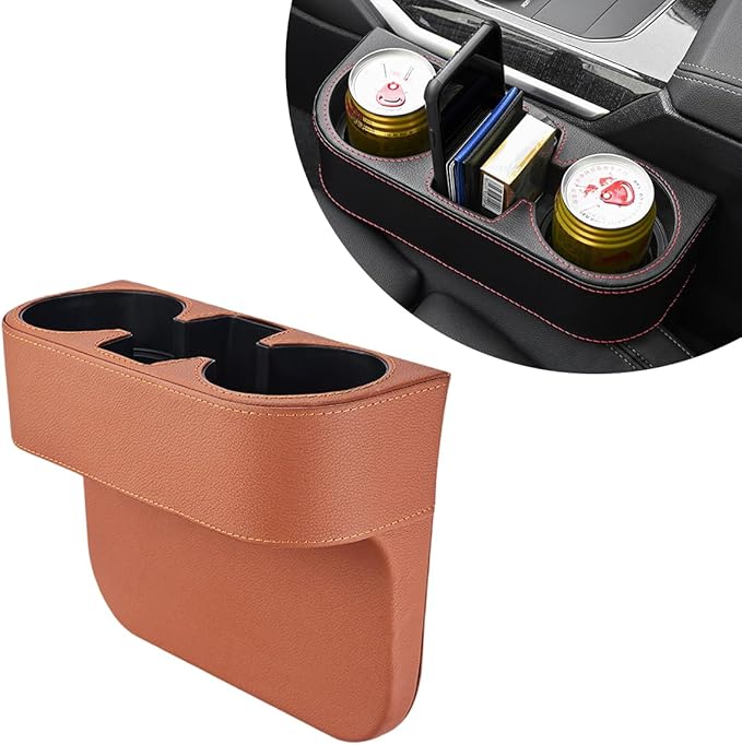 Car Cup Holder Gap Filler Organizer, Multifunctional Auto Front Console Gap Filler with Cup Holder, Leather Extra Cup Holder Storage Box for Car Truck SUV, Car Accessories (Brown)