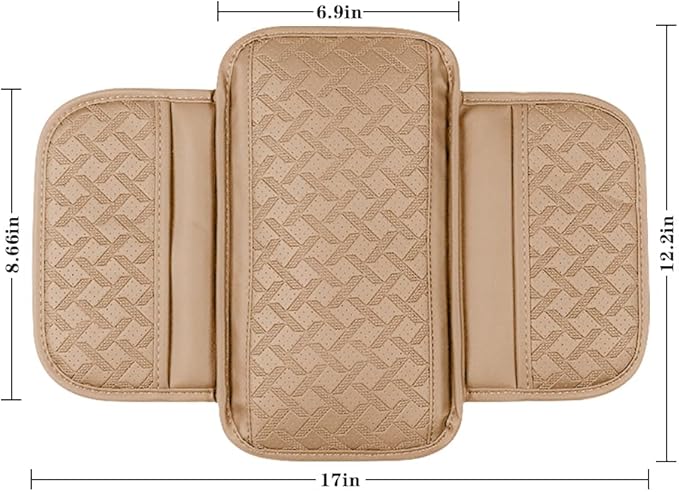 Car Center Console Cover, Microfiber Leather Vehicle Armrest Protector Cushion with 2 Storage Bags, Auto Middle Console Armrest Seat Box Pad Accessories, Universal for Most Cars (Beige)