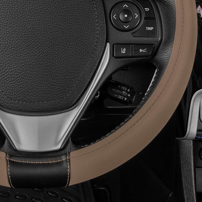 Caterpillar Two Tone Ergonomic Soft Leather Grip Steering Wheel Cover – Strong, Durable and Comfortable Universal Size 14.5-15.5 Inch (Beige/Black) (CASW-2221-BG) (Pack of 2)