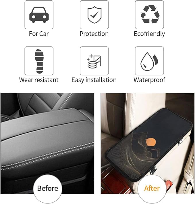 Mountain Golden Sun Center Console Cover Pad, Car Armrest Seat Box Cover Cushion Universal for Most Vehicle SUV Truck, Car Interior Accessories Decor, Protect from Pet Claws & Dirt