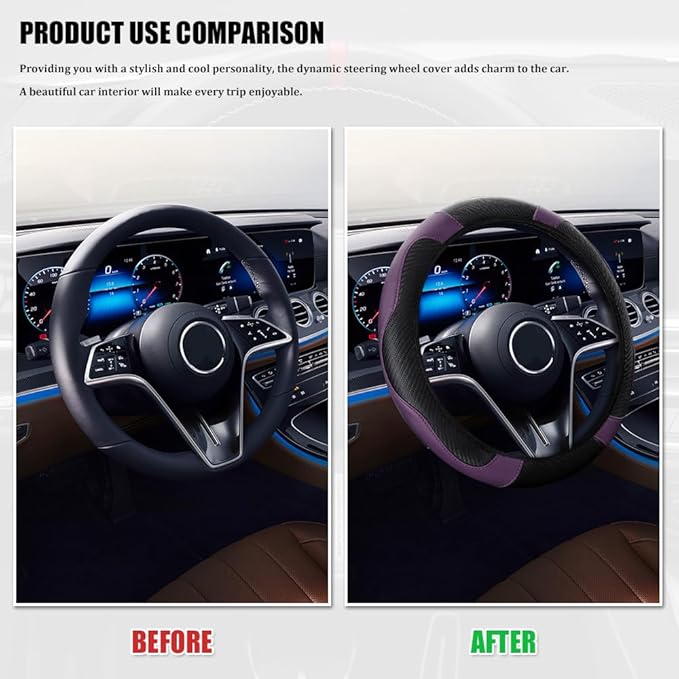 Car Steering Wheel Cover, Steering Wheel Cover Protector, 15 Inch Carbon Fiber Microfiber Leather Elastic Steering Wheel Protector, Car Steering Wheel Accessories for Vehicles (Black Purple)