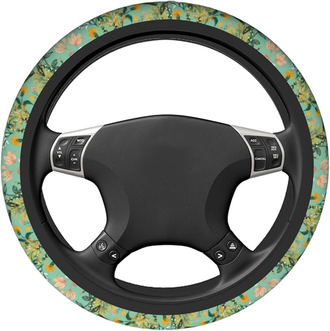 Wild Plant Flowers Steering Wheel Cover for Women Men with 2 Pcs Car Coasters, 15 Inches Neoprene Anti-Slip Cute Universal Green Car Accessories Protective Cover for Vehicle