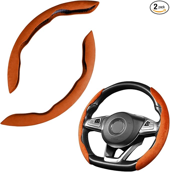 Car Steering Wheel Cover, Microfiber Suede Leather and Carbon Fiber Double Sided Design, Warm in Winter and Cool in Summer, Breathable Non Slip Segmented Protector for Most Cars (Turn Fur/Brown)
