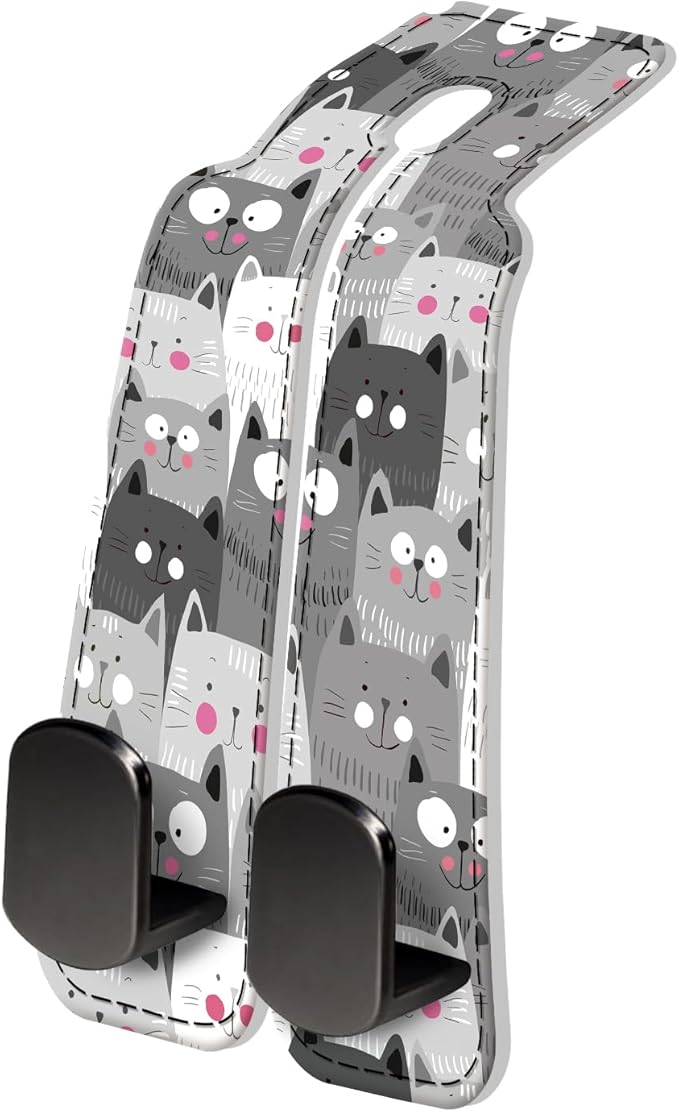 AXRQLSU PU Leather Car Seat Hook, Storage Headrest Hanger, Cute Car Backseat Organizer, Car Hooks For Purses and Bags Grey Cartoon Cats
