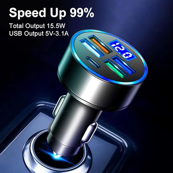 5 Port USB Car Charger(4USB+Type C) Compact Fast Charger Cigarette Lighter Adapter with LED&Voltage Monitor, Compatible with iPhone 14/Pro MacBook, iPad Pro/Air, Galaxy All Smart Phone (2Pcs)