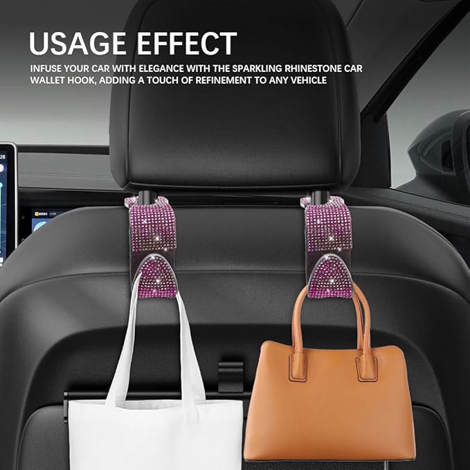 2PCS Car Seat Hooks, Purse Hook for Car, Crystal Rhinestone Vehicle Backseat Purse Holder, Auto Accessories Diamond Auto Seatback Storage Organizer Hanger for Handbag Clothes Purse (Pink)