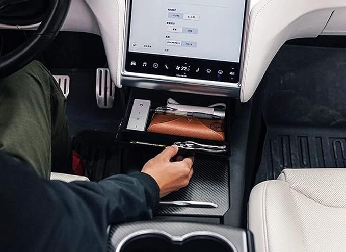 iJDMTOY Exact Fit Under Center Navigation Touch Screen Organizer Compartment Box/Tray w/Inside Mats Compatible with Tesla: 2016-2021 Model X and 2017-2021 Model S