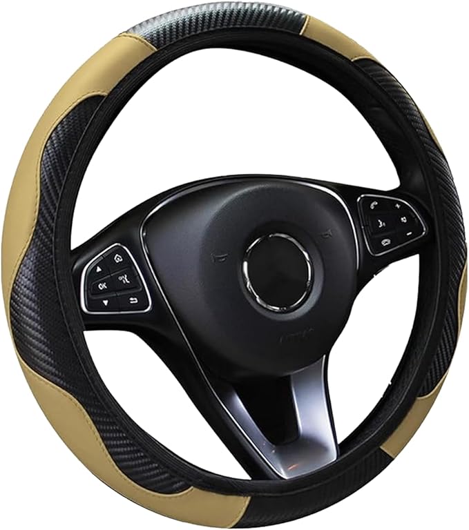 Car Steering Wheel Cover, 15 inch Carbon Fiber Microfiber PU Leather Elastic Steering Wheel Protector for Men Women,Universal Durable Car Decorative Fit for Most Cars, Trucks, SVU (Beige)