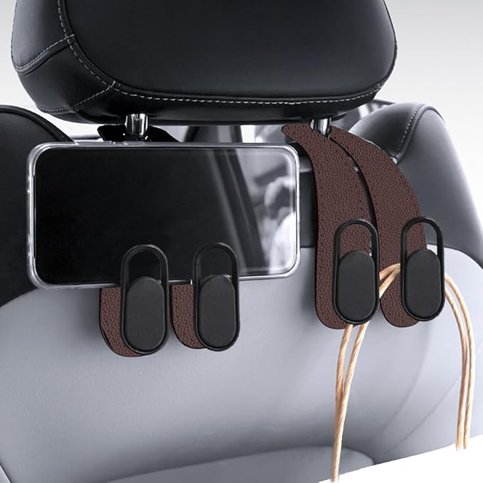 2PCS Car Seat Headrest Hook, Leather Dual Hook Vehicle Seat Back Storage Organizer for Purse Handbag Umbrella, Auto Backseat Groceries Hanger Holder, Universal for Truck SUV Sedan (Brown)