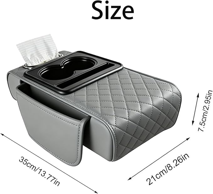 AHFBF Multifunctional Pu Leather Car Armrest Box Mat, Armrest Box Pad for Car, Leather Car Armrest Box Pad with Cup Holders, Car Armrest Box Mat, 5-in-1 Car Center Console Cover (Gray)