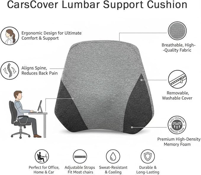 CarsCover Lumbar Support Pillow Cushion for Car, SUV, Truck, Van and Long Drive, Office, Gaming Chair Perfectly Balanced Memory Foam Lower Back Pain Relief, Ergonomic Back Rest with Adjustable Straps