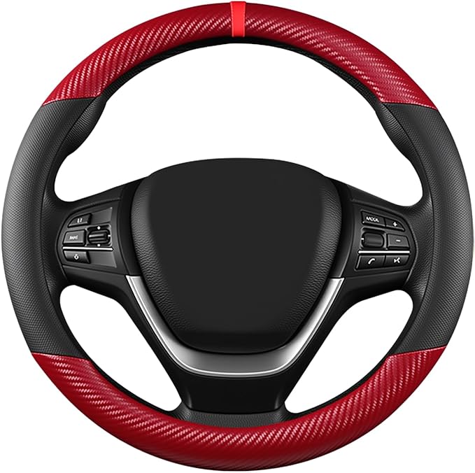Black & Red Carbon Fiber Leather Steering Wheel Cover, Microfiber Leather, Anti-Slip, Breathable, Universal Fit for 14.5–15 in Steering Wheel Cover for Men Women