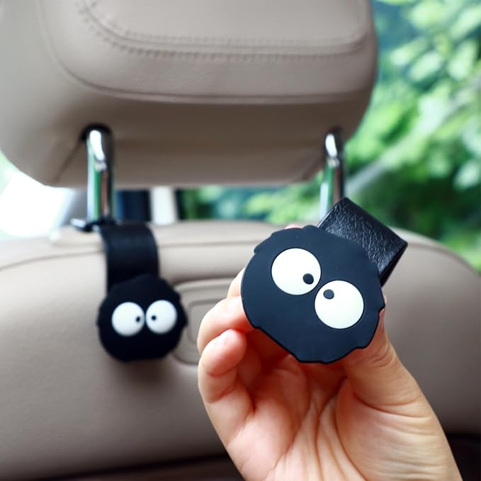 Cute Soot Sprite Car Seat Headrest Hooks, 2 Pack 360° Rotation Kawaii Car Accessories, 44LBS Heavy Duty Universal Car Purse Hook for Bags Coats, Black Cartoon Vehicle Holder (Sprite-Eyes)