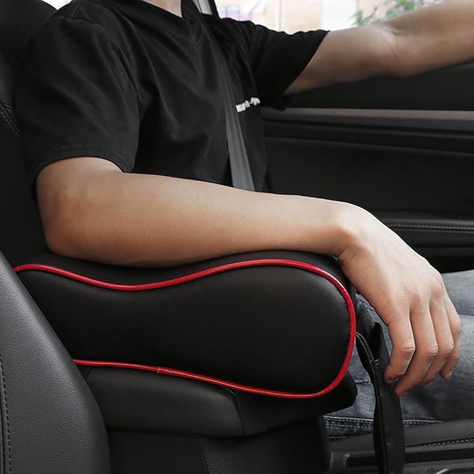 O SHI CAR Genuine Leather Car Armrest Cushion, Memory Foam Car Arm Rest Console,Cowhide Car Center Console Armrest Pillow (Black and Red)