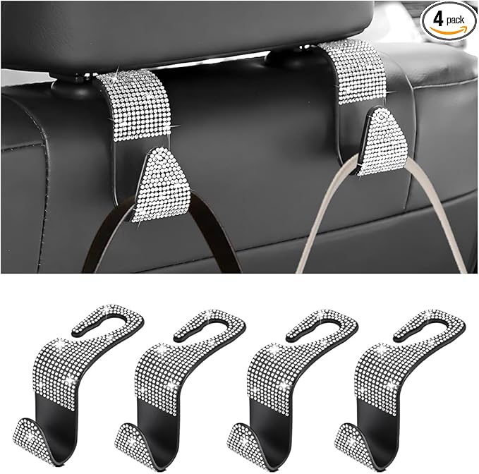 Bling Car Seat Headrest Hooks, 4PCS Crystal Rhinestone Vehicle Back Seat Hanger Holder for Handbags Purses Coats, Automotive Headrest Storage Organizer, Universal for RV SUV Truck (White)