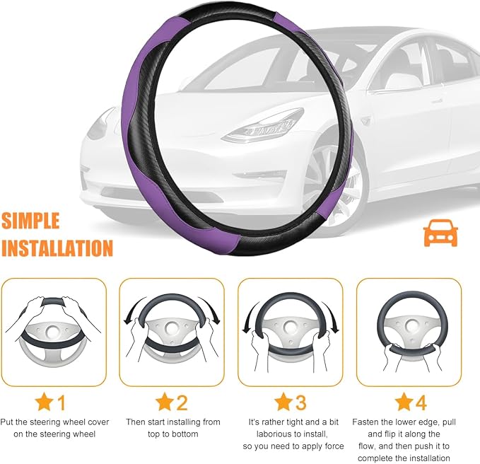 Carbon Fiber Car Steering Wheel Cover, 14.5-15 Inch Elastic Stretch Steering Wheel Guard, Sports Style Non-Slip Automotive Interior Accessories, Universal for Vehicles (Black/Purple)
