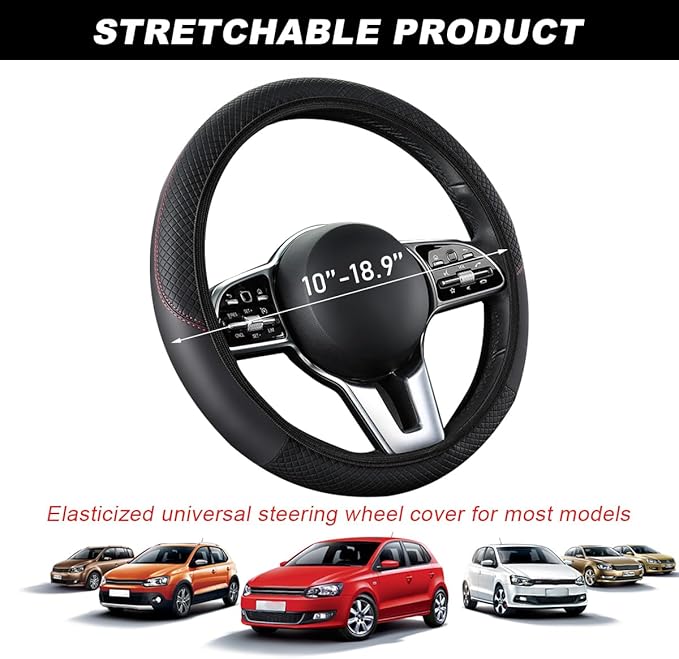 Car Steering Wheel Cover, 15 Inch Carbon Fiber Leather Stitching Color Steering Wheel Protector, Anti-Slip Elastic Breathable Steering Wheel Cover Stylish Decor for Most Cars (Black, AD)