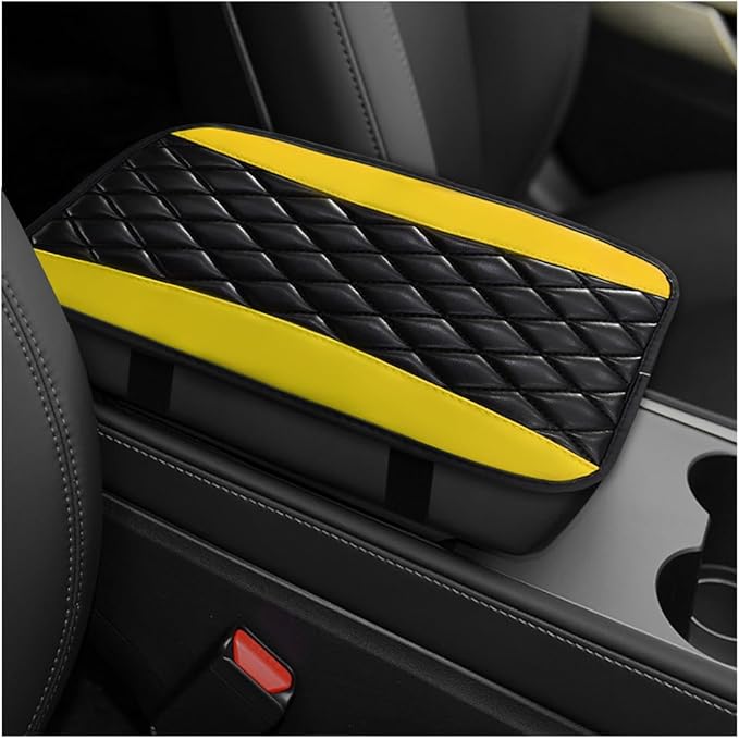 Car Center Console Cushion Pad, 12.6"×7.5" Waterproof Leather Armrest Seat Box Cover Protector, Soft Comfortable Anti-Scratch Arm Rest Console Pad for Most Cars Trucks SUVs (Black & Yellow)