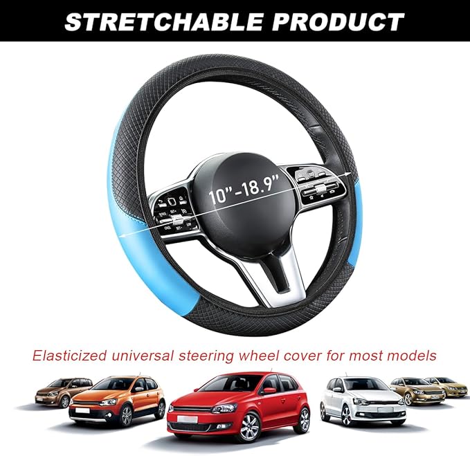 Car Steering Wheel Cover, 15 Inch Carbon Fiber Leather Stitching Color Steering Wheel Protector, Anti-Slip Elastic Breathable Steering Wheel Cover Stylish Decor for Most Cars (Black&Blue, AD)