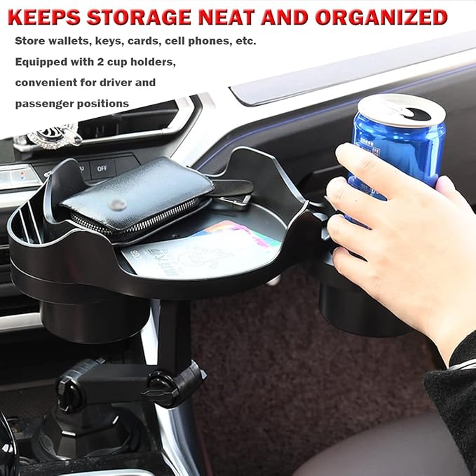 HOLDCY Cup Holder Expander for Car, 360 Degrees Rotate Adjustable 6.3 inches Surface Car Tray Table and Drink Holders with 3 Coaster, Car Cup Holder Tray Apply to All Auto Models
