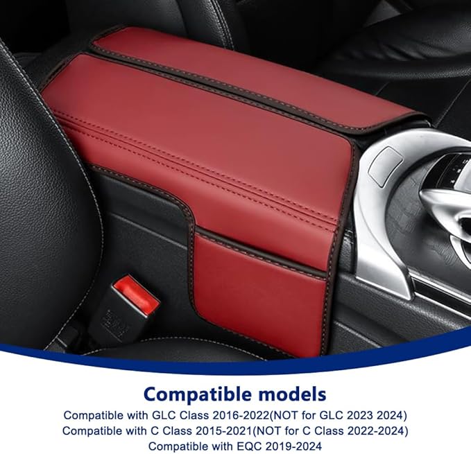 Center Console Cover Compatible with Benz C Class W205 C200 C250 C300 2015-2021 GLC 2016-2022 Class EQC 2019-2024,Armrest Cover Pad Leather Cushion Protector with Black Storage Pocket