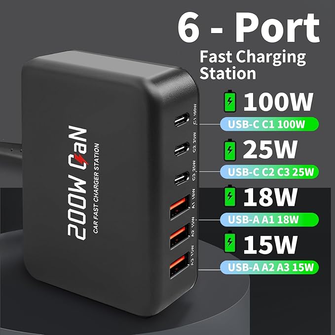 2026 New 200W Multi-Port USB-C/A Car Charger Station - QC3.0 & PD & PPS Fast Charging Adapter,Compatible with iPhone,iPad,MacBook,Android,Laptops,Dash Cams & Other Electronics - Simultaneous Charging