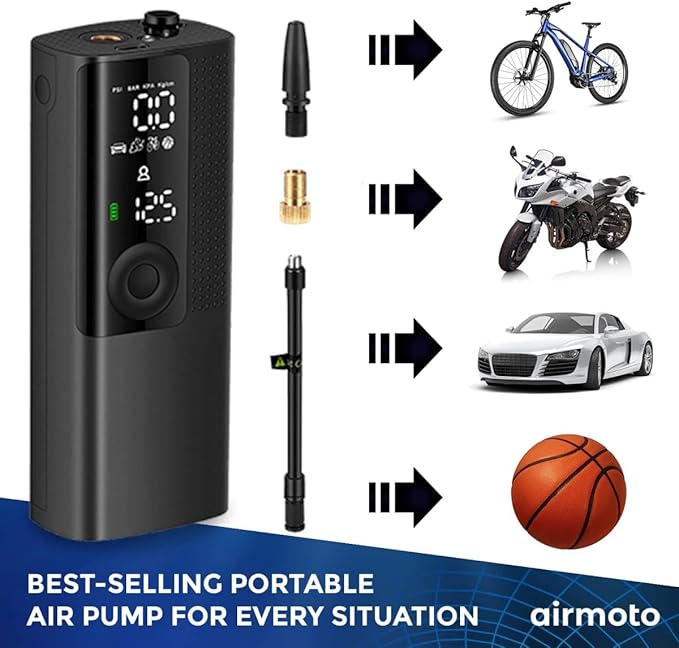 Airmoto Tire Inflator Portable Air Compressor - Air Pump for Car Tires with Digital Pressure Gauge, LED Light and Auto Shut-Off Function - Cordless Pump for Car, Motorcycle, Bicycle, Ball