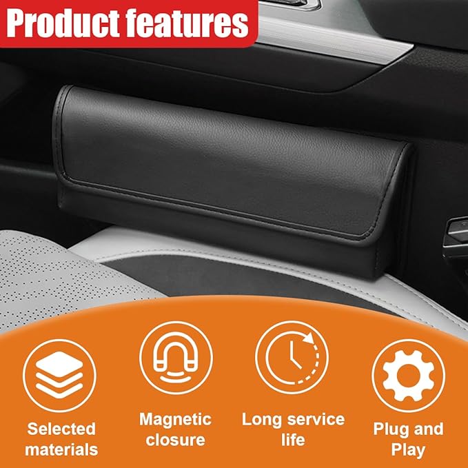 Car Seat Gap Filler Organizer, Leather Universal Gap Bag Car Storage Box for Phones, Keys, Glasses & Cards, Adjustable Front Seat Side Pocket Organizer for Cars, No Seat Belt Block (Black)