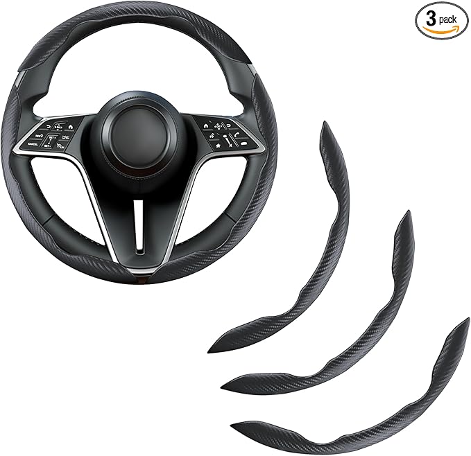 LevChall Carbon Fiber Steering Wheel Cover, 3-Piece Set Anti-Skid Comfortable Grip Segmented Butterfly Design, Easy Snap-On Installation Universal Fit 99% Cars, Black